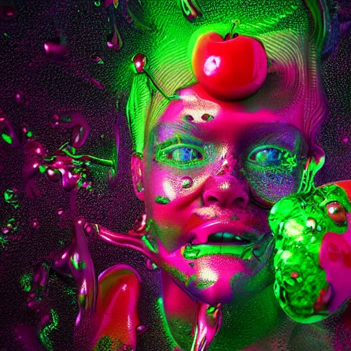 Prompt: cherry limeade smoothie drip, intricate complexity, surreal horror, psychedelic glitch art, neon rainbow drip paint, trending on art station, photoreal, 8 k, octane render