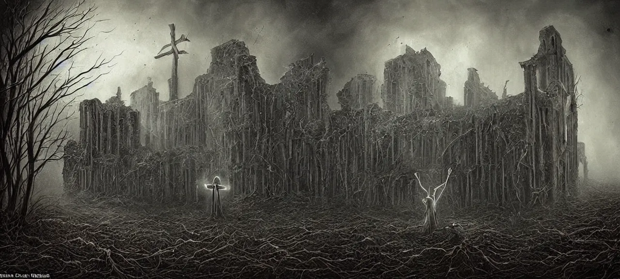 Prompt: The terrified Priest with tormented eyes is aiming the crucifix at alien intruder in a darkened room of a ruined castle, a dark, menacing atmosphere, horror,the essence of evil, in the style of Lee Madgwick