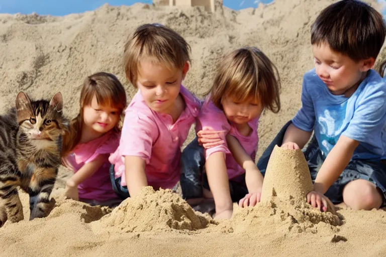 Prompt: two kittens and two children touching a sand castle