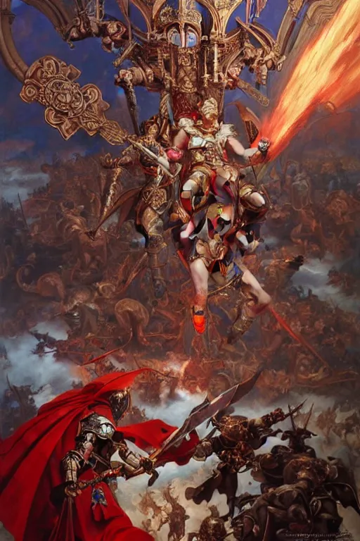Prompt: epic warhammer battle between human warriors mages and demons, inside cathedrals and abbeys, fullbody!! dynamic action pose, religious, intricate, elegant, highly detailed, digital painting, artstation, concept art, smooth, sharp focus, red and blue color scheme, illustration, art by artgerm and greg rutkowski and alphonse mucha