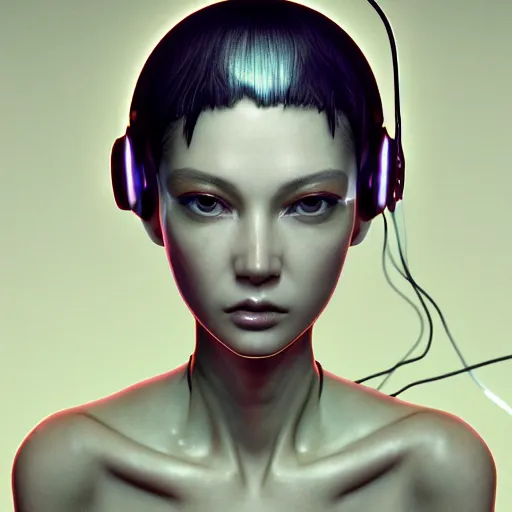 Prompt: the portrait of an absurdly beautiful, graceful, sophisticated, fashionable cyberpunk gravure idol, an ultrafine hyperdetailed illustration by kim jung gi, irakli nadar, matt wisniewski, intricate linework, neon wiring, porcelain skin, led headset, unreal engine 5 highly rendered, global illumination, radiant light, detailed and intricate environment