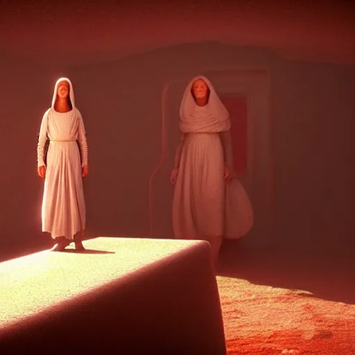 Prompt: colour aesthetic highly detailed photography scene, characters with hyperrealistic highly detailed faces. from dune ( 2 0 2 1 ) by alejandro hodorovski and denis villeneuve and gregory crewdson style with many details by andrei tarkovsky and caravaggio in sci - fi style. volumetric natural light hyperrealism photo on red dsmc 3 system