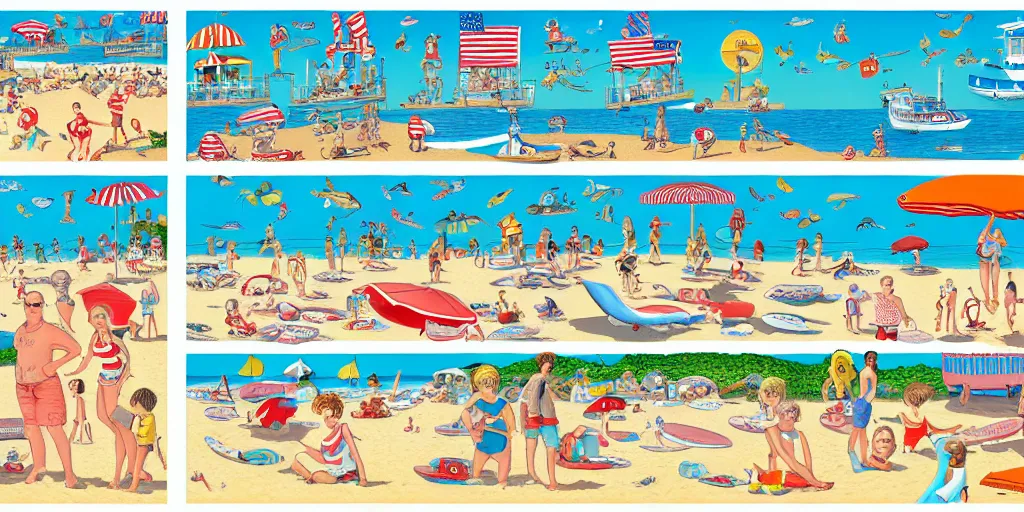 Image similar to a full page spread from the where's waldo at the beach book, waldo in the top right of frame, high detail illustration, coherent