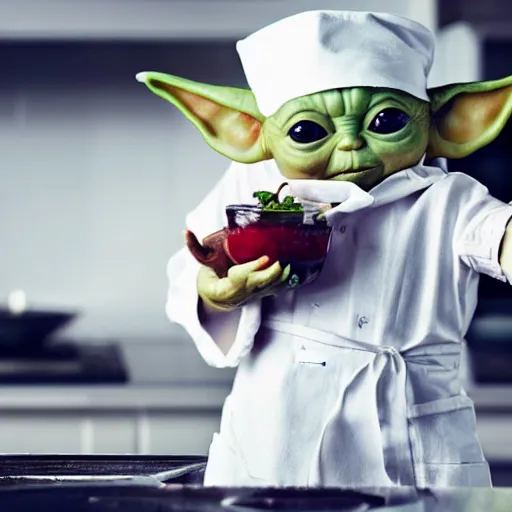 Image similar to tiny and innocent baby yoda appears as a chef wearing a white chefs hat and apron in a beautiful kitchen, preparing some food