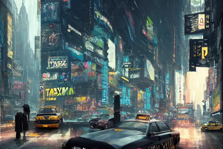 Prompt: beautiful matte painting of interior of taxi car in cyberpunk new york with a boy and his grandma robogran by greg rutkowski