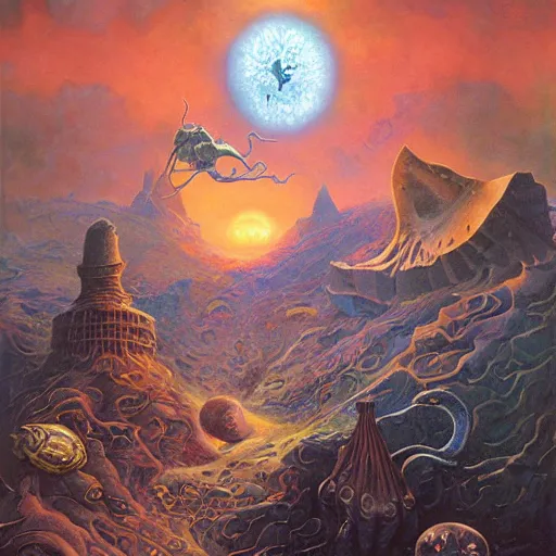 Image similar to surrealism, symbolism, by James gurney, Bruce Penningtonn, Ron Walostky, Paul Lehr and Brom