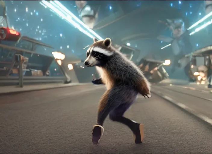 Image similar to film still of Rocket Racoon goes bowling in the new Avengers movie, 4k