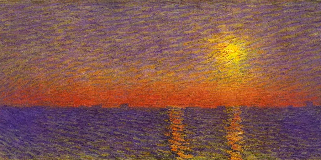 Image similar to An aesthetically pleasing, dynamic, energetic, lively, well-designed digital art of a sunset, light and shadow, caustics, by Claude Monet, superior quality, masterpiece, excellent use of negative space.