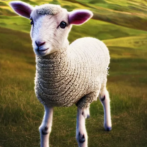 Image similar to lamb wearing a sweater, sweater, canon portrait, full body shot, 4k, hills in the background, symmetry!!, coherent, photorealistic, cold colors, Scotland artstation,