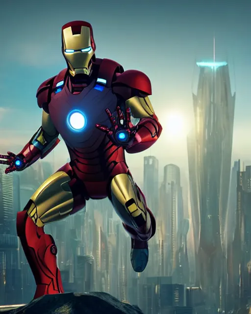 Prompt: iron man with a black and blue futuristic armor flying above a blue - themed cyberpunk city, 4 k, futuristic, realistic