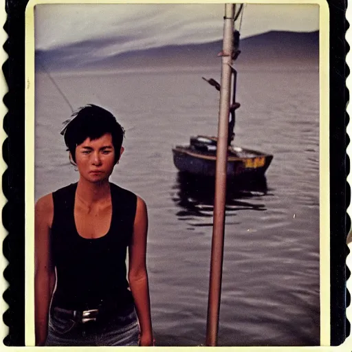 Prompt: black - haired girl with wild spiky black saiyan hair with long bangs over her eyes, hair bangs down to nose, muscular. wearing casual clothing, standing on an alaskan fishing vessel, mekoryuk, alaska, 1 9 6 5, polaroid, kodachrome, grainy photograph