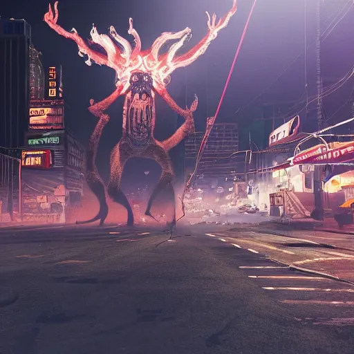 Image similar to gigantic building hovering above a city, long thick cables and trash hanging from underneath, smoke and thick dust in the air, rays of light, neon billboards and dried palmtrees in the streets, a reptile mutant wrestler in fighter pose levitates in the center of the epic scene, scifi, illustration