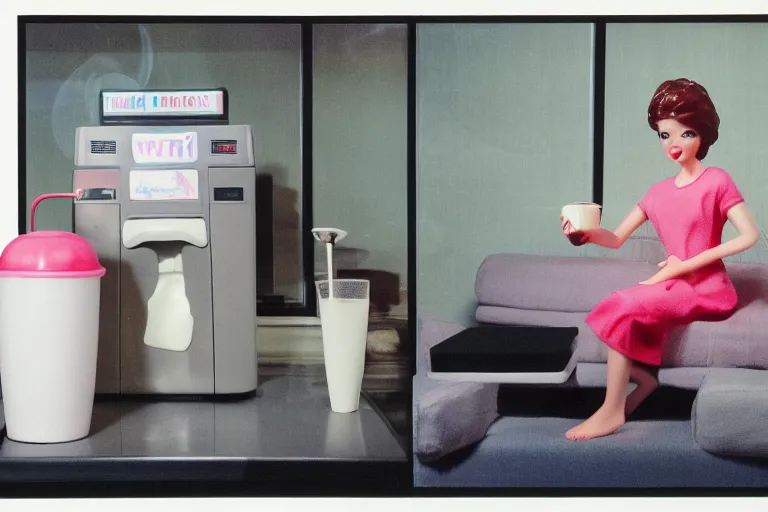 Image similar to an extremely realistic life-sized slushie machine porcelain model sitting on a gray couch from 1985, bathed in the glow of a television, low-light photograph