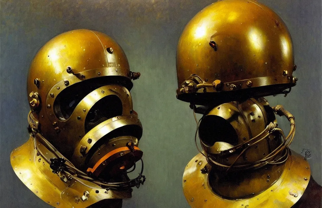 Image similar to portrait of deep sea diver helmet!!!!!!!!!!!!!!!!!!!!!!!!!!!, detailed face, detailed painting, epic lighting, by ilya repin, phil hale and kent williams