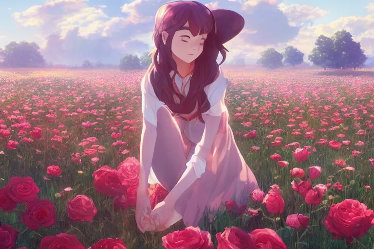 Image similar to girl picking flowers in a field of roses, scenic full shot, ambient lighting, detailed face, by makoto shinkai, stanley artgerm lau, wlop, rossdraws