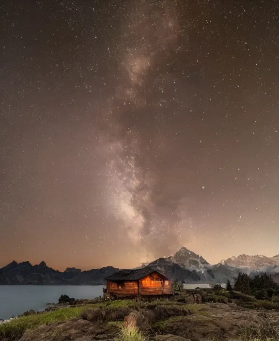 Prompt: amazing landscape photo of mountains with lakehouse at dusk by marc adamus, beautiful dramatic lighting, celestial nightsky stars