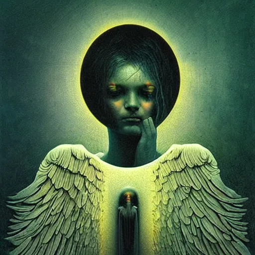 Image similar to angels by beksinski and tristan eaton, dark emotional neon cyber trimmed beautiful dystopian digital art