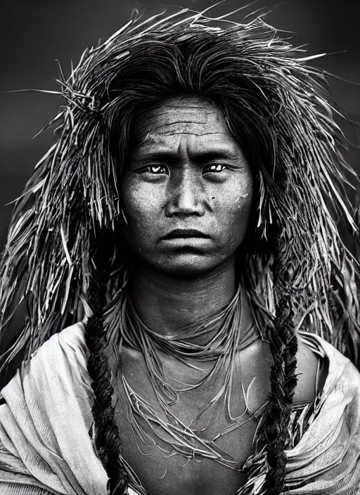 Image similar to Award winning Editorial photo of a Native Kiribati with incredible hair and beautiful hyper-detailed eyes wearing traditional garb with a Bokikokiko by Lee Jeffries, 85mm ND 5, perfect lighting, gelatin silver process