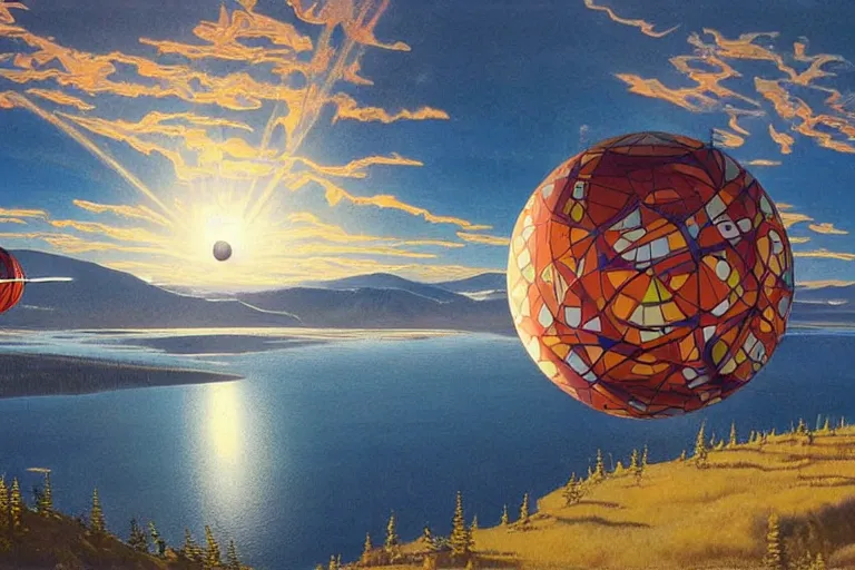 Prompt: a giant ((((metallic)))) floating sphere covered in canadian colorful aboriginal patterns!! hovering above a Yukon lake, (painted by Ralph McQuarrie), matte painting, very detailed, 1000 Kelvin, concept art