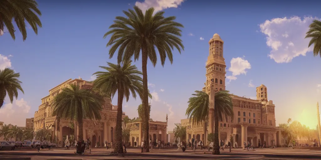 Image similar to khedival opera house, talaat Harb Square cairo, epic wide shot in unreal engine 5, beautiful clouds, dappled afternoon sunlight, acacia trees, date palm trees, shrubs, flowers, 4k, colorful, octane render, artstation