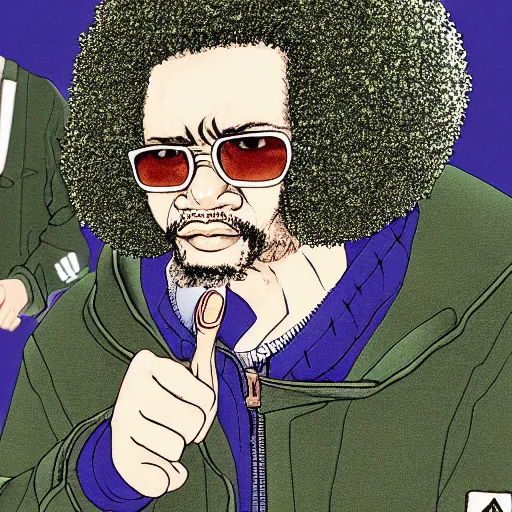 Image similar to illustration by katsuhiro otomo, black man with afro hair, raspy beard stubble, wearing an adidas army green jacket, in the streets of tokyo, akira style, by katsuhiro otomo