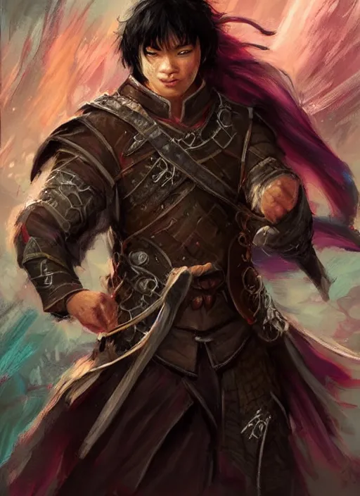 Image similar to asian with medium black hair man looks belly point of view, dndbeyond, bright, colourful, realistic, dnd character portrait, full body, pathfinder, pinterest, art by ralph horsley, dnd, rpg, lotr game design fanart by concept art, behance hd, artstation, deviantart, hdr render in unreal engine 5