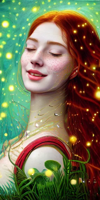 Image similar to young woman, serene smile, surrounded by golden firefly lights amidst nature, full covering intricate detailed dress, long red hair, precise linework, accurate green eyes, small nose with freckles, beautiful smooth oval shape face, empathic, expressive emotions, dramatic lights spiritual scene, hyper realistic ultrafine art by artemisia gentileschi, jessica rossier, boris vallejo