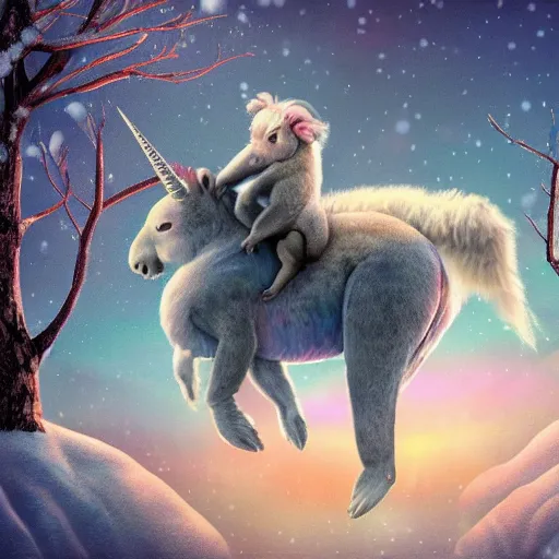 Image similar to pink and blue unicorn, koala riding on unicorn's back, koala stretches arms wide, hyper realistic style, winter forest with snow, dramatic lighting, one large yellow flower, 4k