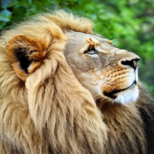 Image similar to lion roaring at the zoo wearing a hat