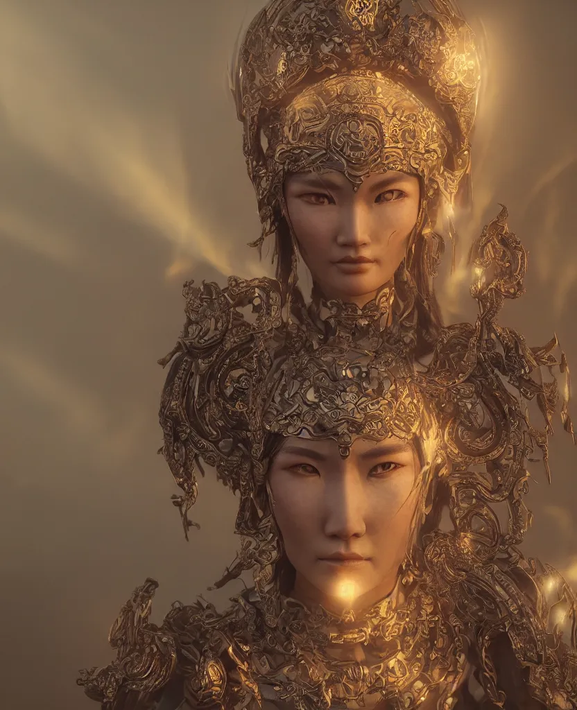 Prompt: ancient mongolian evil goddess portrait. burning magical halo. cinematic light. rendered in octane render. trending on artstation and cgsociety. depth of field. intricate ornaments