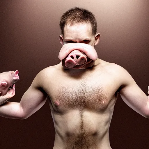 Prompt: Live Action Still Man With Pig Head As Boxer with his hands raised in victory, real life, hyperrealistic, ultra realistic, realistic, highly detailed, epic, HD quality, 8k resolution, body and headshot, film still,Exquisite detail, post-processing, masterpiece, Cinematic Lighting, Unreal Engine, 8k, HD
