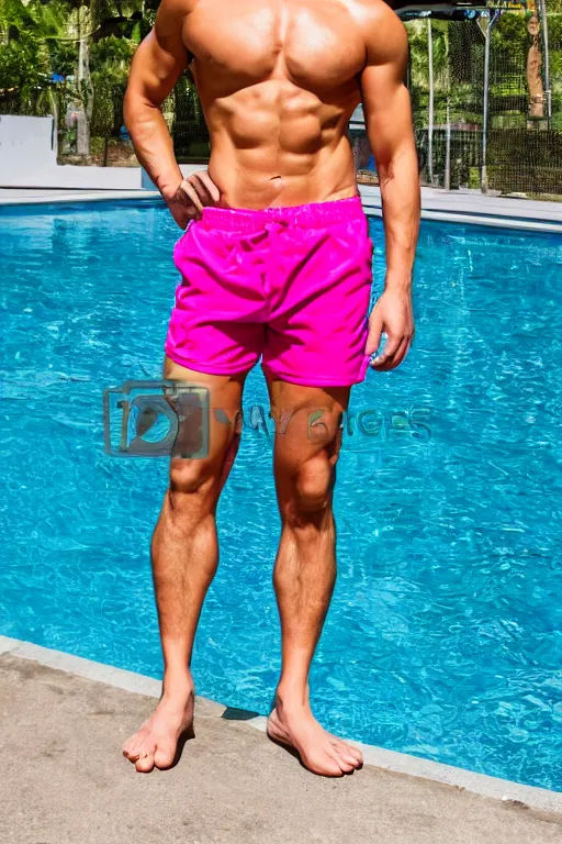 Image similar to a handsome male humanoid android with blonde hair, ken, muscular wearing a cut-off black crop top and short light pink shorts standing by a swimming pool, shiny glossy skin