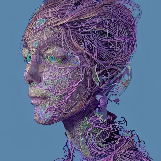 Image similar to the head of an unbelievably elegant and beautiful woman partially made of potatoes and violets, an ultrafine detailed illustration by james jean, final fantasy, intricate linework, bright colors, behance contest winner, vanitas, angular, altermodern, unreal engine 5 highly rendered, global illumination, radiant light, detailed and intricate environment