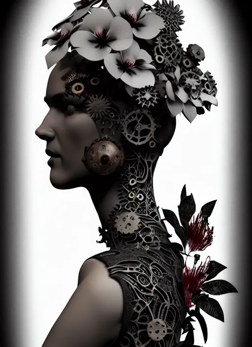 Prompt: monochrome 3 d model, floral steampunk biomechanical beautiful young female cyborg with porcelain profile face and a big floral eye, volumetric light, leaves foliage and stems, hibiscus flowers, boho floral vines, sinuous fine roots, fine foliage lace, alexander mcqueen, rim light, big gothic pearl embroidered collar, octane render, 8 k