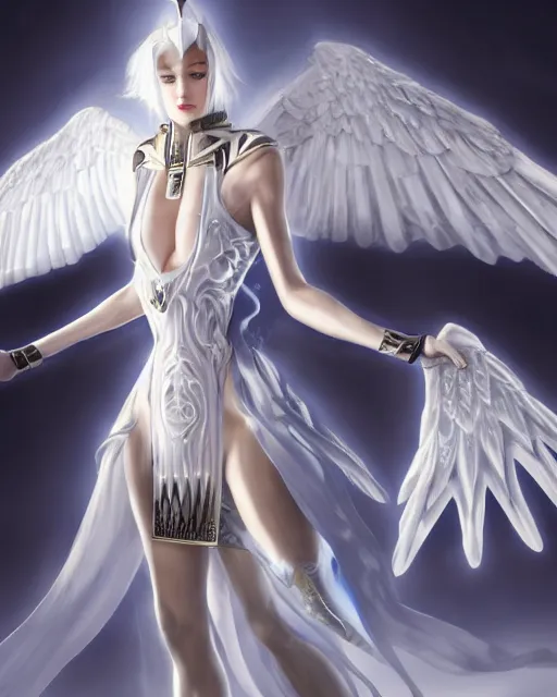 Prompt: perfect white haired attractive egyptian goddess with huge white dove wings, warframe armor, beautiful, symmetric, dreamy, half asian, pretty face, blue eyes, detailed, scifi platform, laboratory, experiment, 4 k, ultra realistic, epic lighting, android body, illuminated, cinematic, masterpiece, art by akihito tsukushi, voidstar