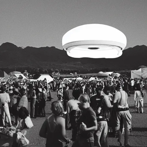 Prompt: a picture of an ufo above an hippie festival in the 6 0's, black and white