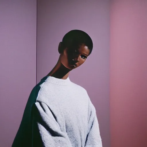 Image similar to realistic photoshooting for a new balenciaga lookbook, color film photography, portrait of a beautiful woman, location in a set design by james turrell, in style of Tyler Mitchell, 35mm,