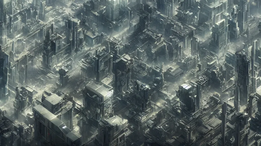 Prompt: aerial view of a futuristic city overtaken by nature, cinematic concept art, highly detailed matte painting