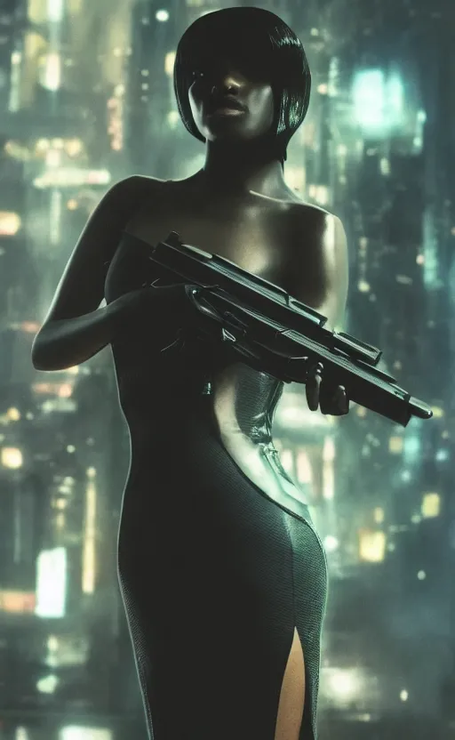 Prompt: Elegant Black woman in dress and heels, hold a gun, back to us, looking at a futuristic Blade Runner city” 8K