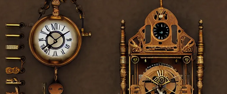 Prompt: steampunk clepsydra and mechanical clock, pendulum clock on the wall,photorealistic,8k