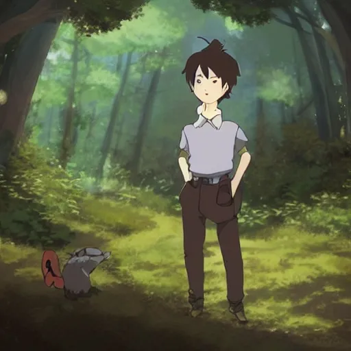 Image similar to friendly guy and small creature , with Fragile looking character portrait face made in Studio Ghibli artstyle ,highly detailed art, beautiful scene, sharp focus, smooth, 8k, anime art, fantasy, style in ghibli anime style, fantasy, island, forest with animals 8k