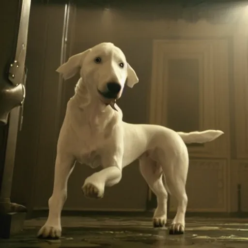 Image similar to movie still of robot white swiss shepperd dog, cinematic composition, cinematic light, criterion collection, by edgar wright