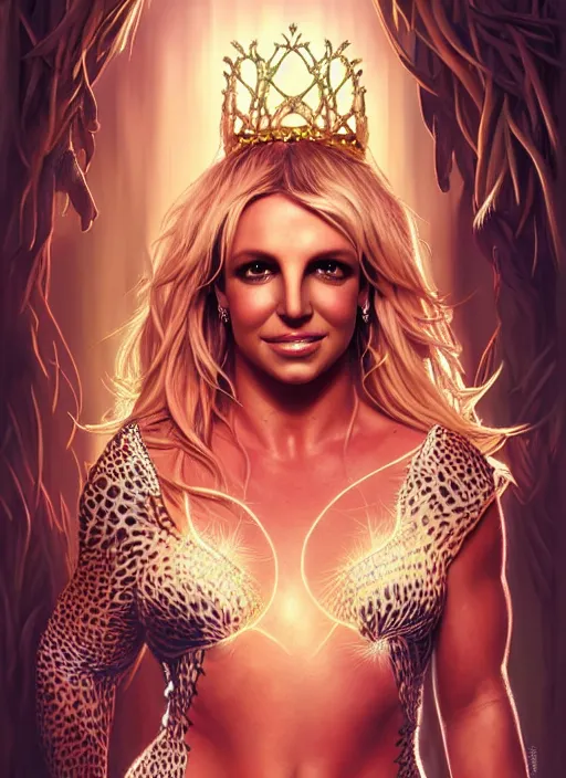 Image similar to britney spears as queen of the jungle, intricate, elegant, glowing lights, highly detailed, digital painting, artstation, glamor pose, concept art, smooth, sharp focus, illustration, art by artgerm and greg rutkowski, artey freytag