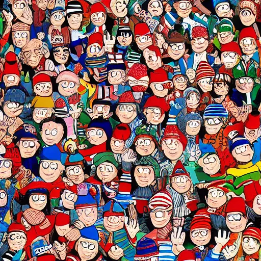 Prompt: wheres waldo cartoon by martin hanford, high resolution, highly detailed, full page