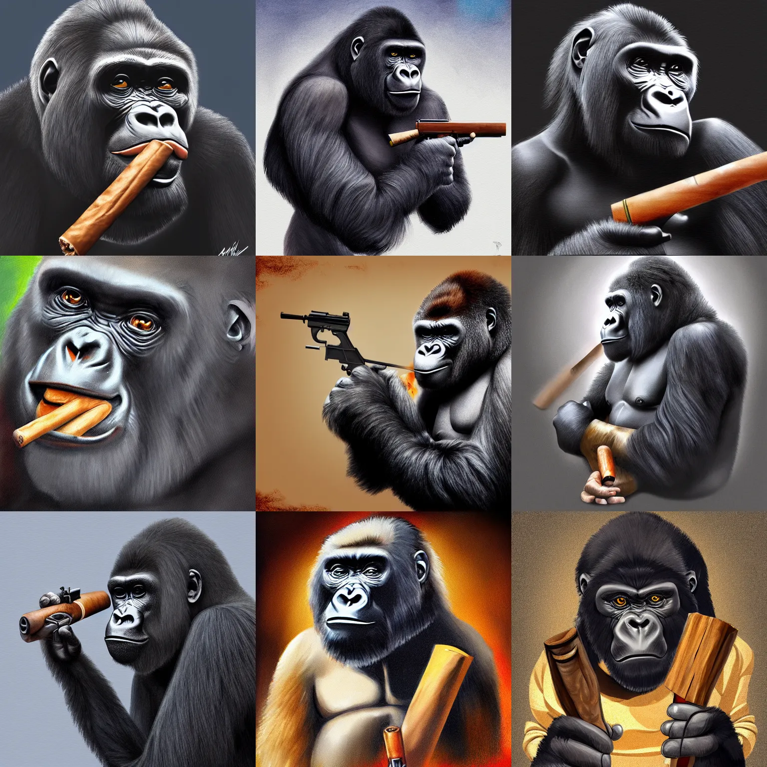 Prompt: A gorilla holding an AK47 smoking a cigar, digital painting, artstationHQ