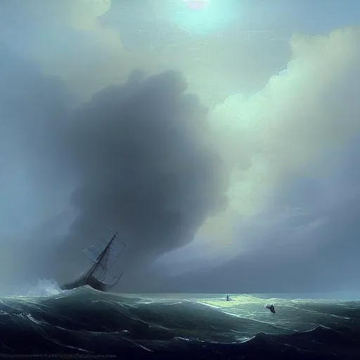 Prompt: a lonely ship drifting amongst the clouds , fog and heavy storm concept art in style of Ivan Aivazovsky