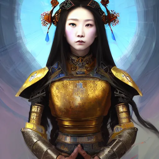 Image similar to beautiful and divine and holy and elite and colorlpunk three kingdom chinese female armor knight portrait like twice tzuyu+shinnyy eyes+front face with light flowing hair, ultradetail face, art and illustration by tian zi and craig mullins and WLOP and alphonse mucha, fantasy, intricate complexity, human structure, human anatomy, fantasy character concept, watermark, blurry, hyperrealism 8k