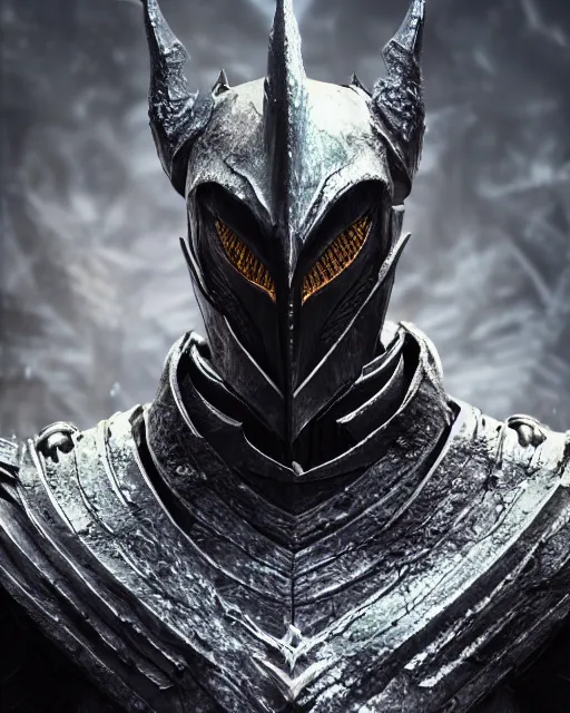 Image similar to a photorealistic 3D render portrait of sauron the dark lord wearing armor made of iron, unreal engine, octane render, cinematic lighting, a sense of evil, hard surface character concept art, dark fantasy character design, hyper realism, high detail, depth of field, stunning vfx, smooth gradients, photorealistic noldorin armor, high contrast, cgsociety