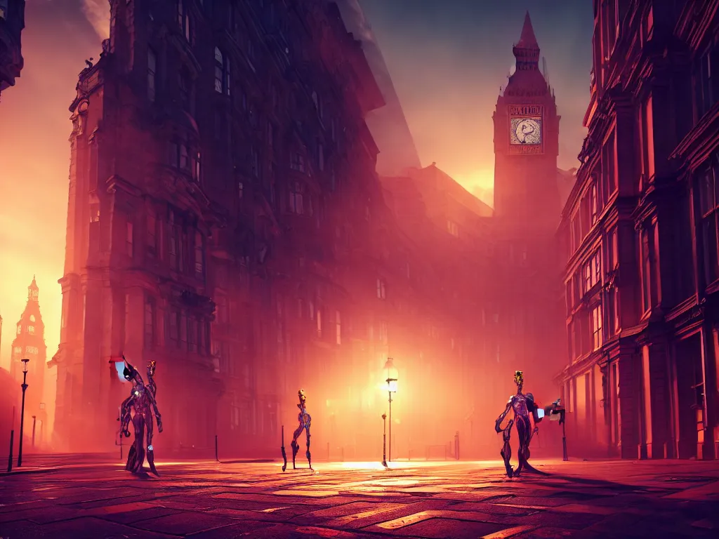 Image similar to an ancient beautiful cyborg of the elder gods in the city of London, London streets in background, colourful, dramatic lighting, golden hour, very detailed octane render very realistic beautiful