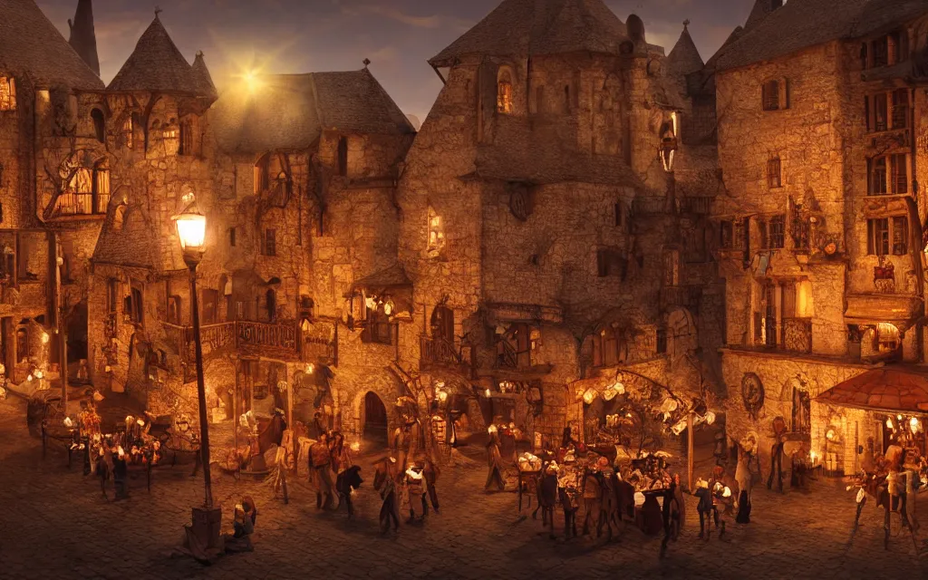 Image similar to at the square of a medieval french village made from chocolate a well in the center, arches, orange light, highly detailed, cinematic lighting, render, fantasy